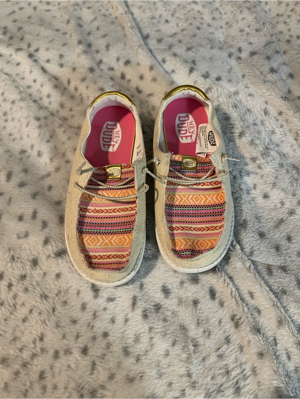 Hey Dude Kids Beige Canvas Slip-Ons with Pink and Multicolor Aztec Panels